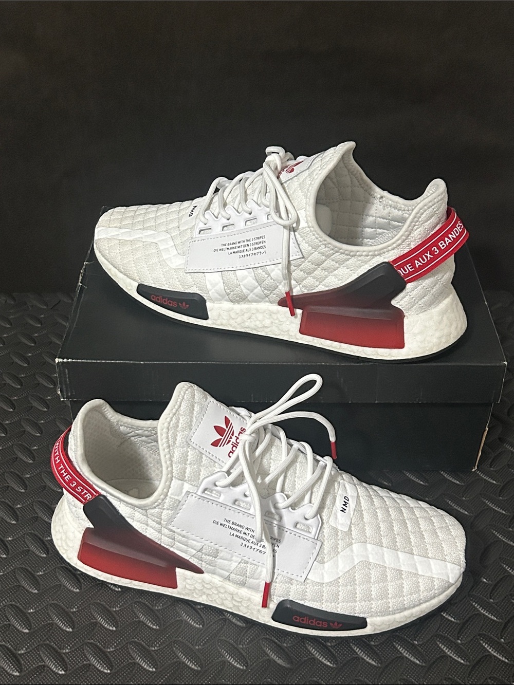 adidas NMD_R1.V2 White Quilted Sneakers with Red Accents